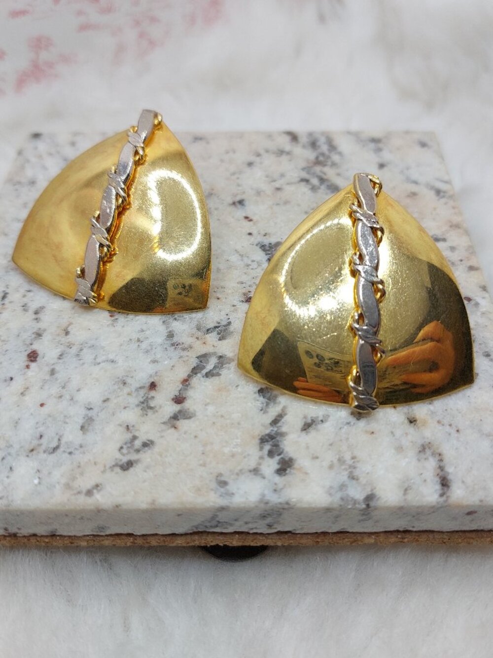 Vintage Gold triangle Stud  Earrings with Silver Braid Earring